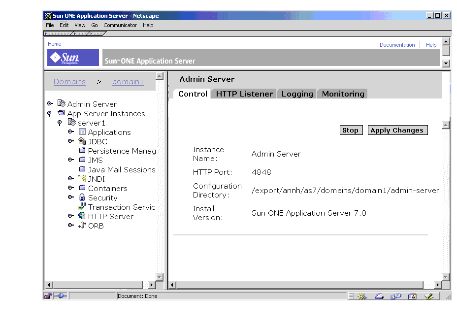 This figure shows the Administration Server in the Administration interface.
