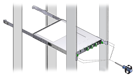 Illustration shows the switch being secured to the rack.