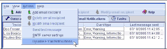 Screen shot of the Disable E-mail Notifications menu option.