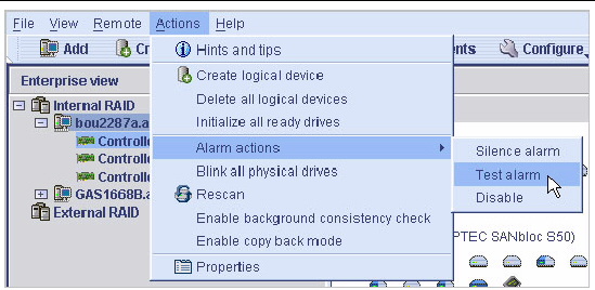 Screen shot of the Test alarm menu option.