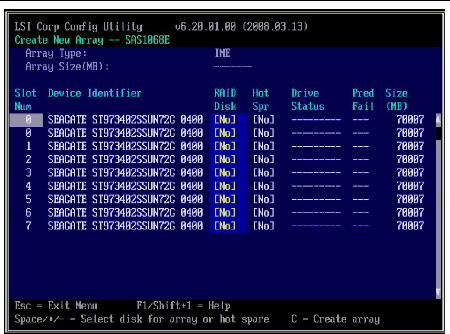 Figure showing the Select New Array Type screen list of available disks.