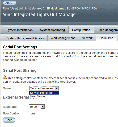 Screenshot of the Serial Port Settings page