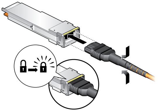 Illustration shows the QSFP transceiver and MTP connector assembling.