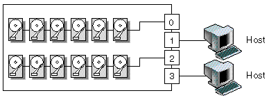 Figure showing a split-bus array configuration, connected to two hosts.