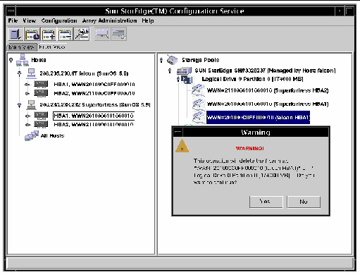 Screen capture showing the warning message that is displayed when a LUN filter is deleted.