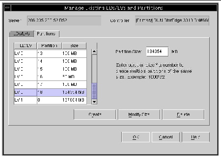 Screen capture showing the Manage Existing Logical Drives and Partitions window with Partitions tab displayed.