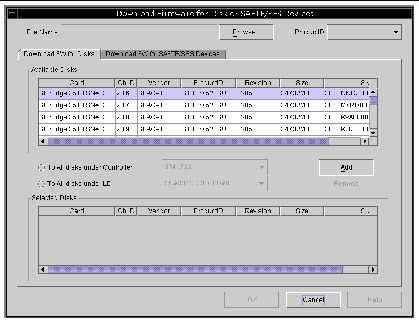 Screen capture showing the Download Firmware for Disk or SAFTE Device window with Download FW for Disks tab displayed.