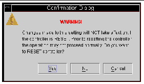 Screen capture showing the warning message that is displayed for a change made to controller parameters that requires a controller reset.