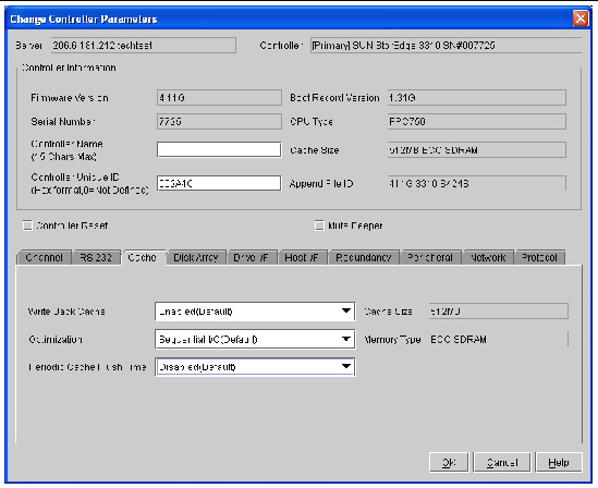 Screen capture showing the Change Controller Parameters window with the Cache tab displayed.