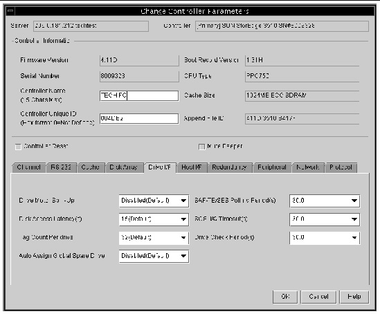 Screen capture showing the Change Controller Parameters window with the Drive I/F tab displayed.
