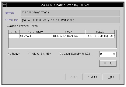 Screen capture showing the Make or Change Standby Drives window.
