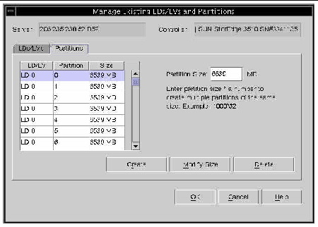 Screen capture showing the Manage Existing LDs/LVs and Partitions window with the Partitions tab displayed.