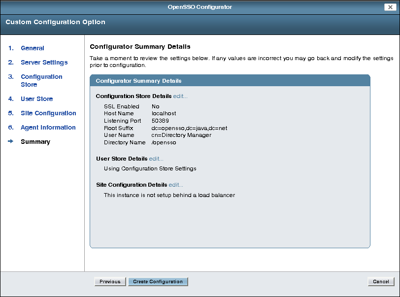 OpenSSO Enterprise Configurator Summary page