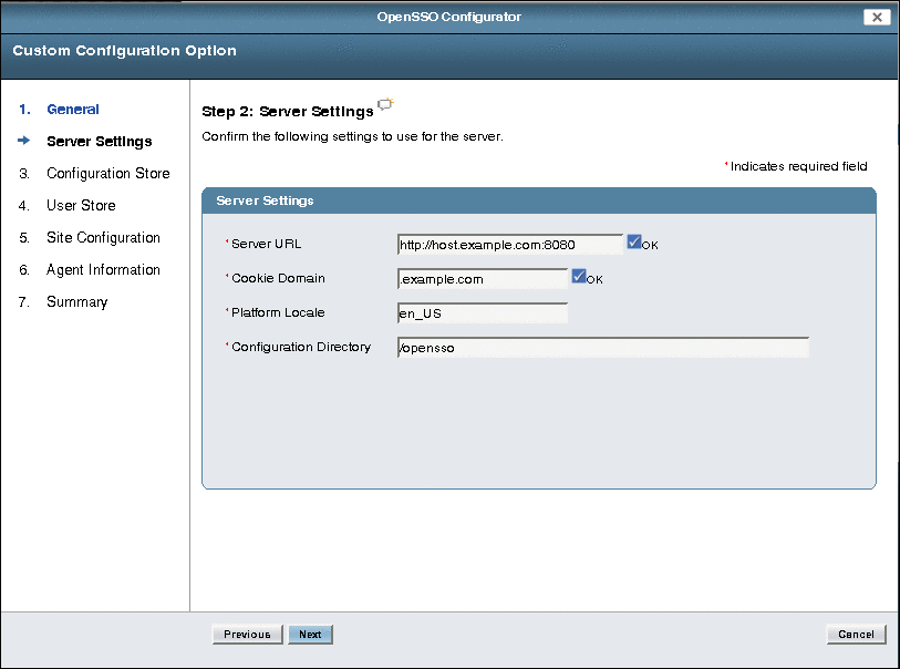 OpenSSO Enterprise Configurator Custom configuration
Server Settings page