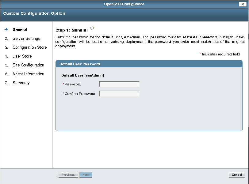 OpenSSO Enterprise Configurator amadmin password pages