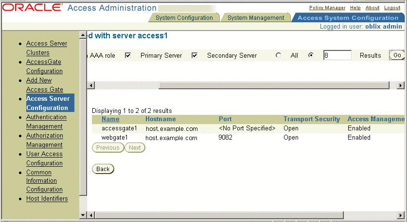 Oracle Access Manager console, server access1