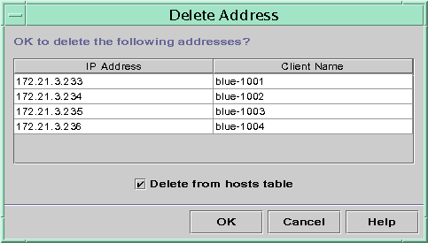 Dialog box shows list of IP addresses to delete and a checkbox labeled Delete from hosts table. Shows OK, Cancel, and Help buttons.