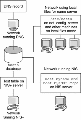 Diagram shows networks running, DNS, NIS, and NIS+, and the associated network databases.