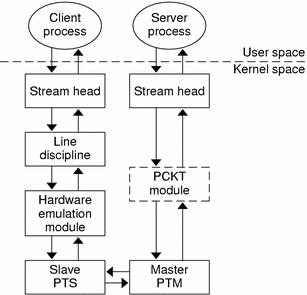 Diagram shows the client and server streams in a pseudo-TTY subsystem.