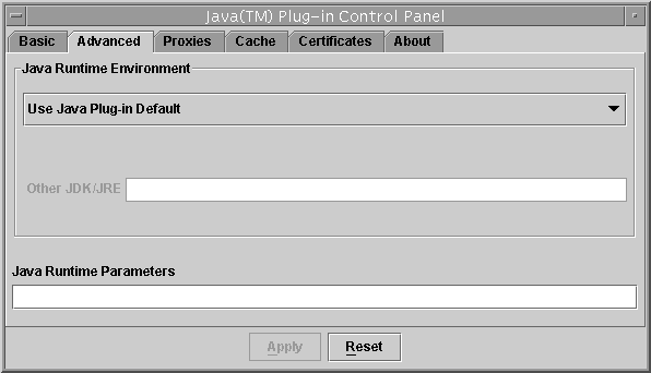 Panel showing pull-down menu and text fields for indicating which Java platform version and runtime parameters the Java Plug-in is to use.