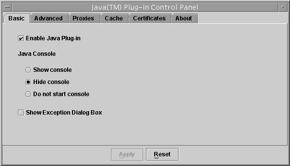 Panel showing check boxes for enabling Java Plug-in, hiding or showing the Java Console, and for showing the exception dialog box.