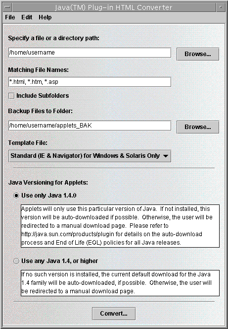 HTML converter window showing text fields and a pull-down menu for specifying files to convert and for choosing a conversion template.