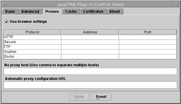 Panel showing check boxes and text fields for overriding the browser's default settings for proxy address and ports for various protocols.