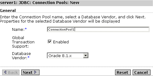 Figure shows the window in the Administration Interface in which a new JDBC Connection Pool can be created.
