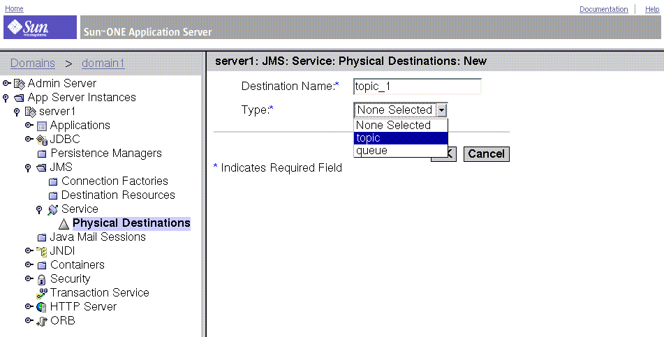 Application Server window, showing JMS physical destination dialog. Screen is explained in text.
