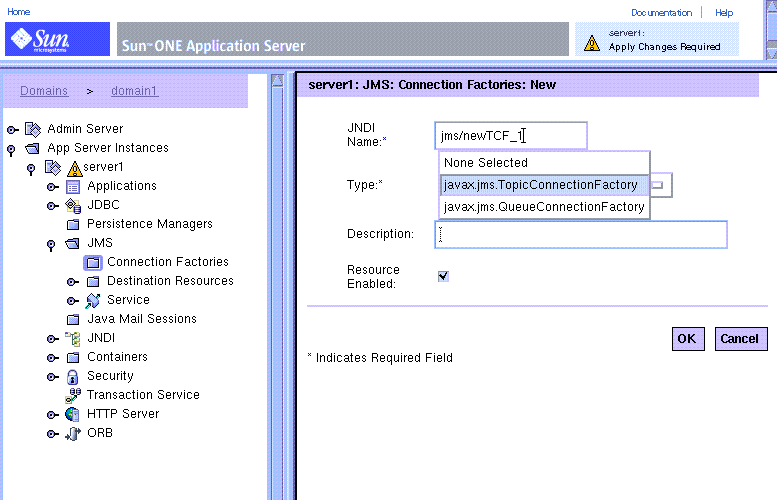 Application Server window with JMS Connection Factory dialog. Screen  is explained in text.
