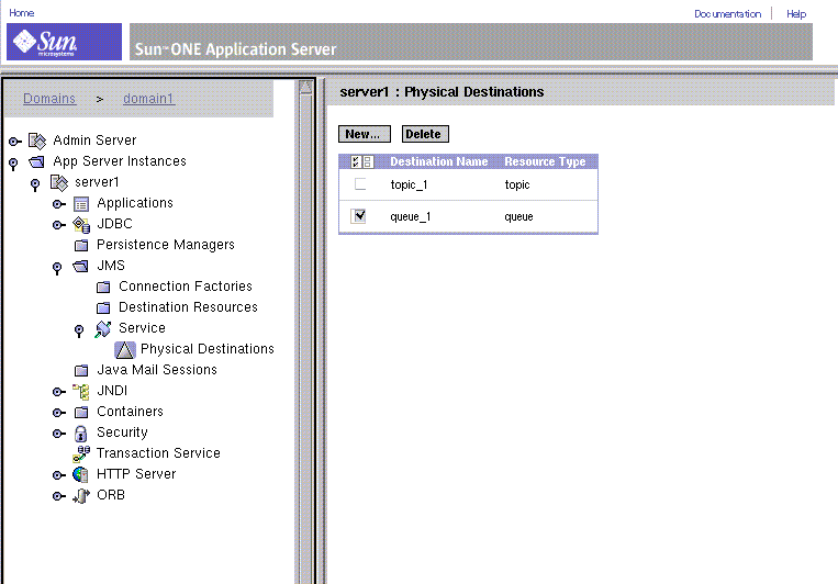Application Server window showing dialog used to delete a destination. Screen  is explained in text.
