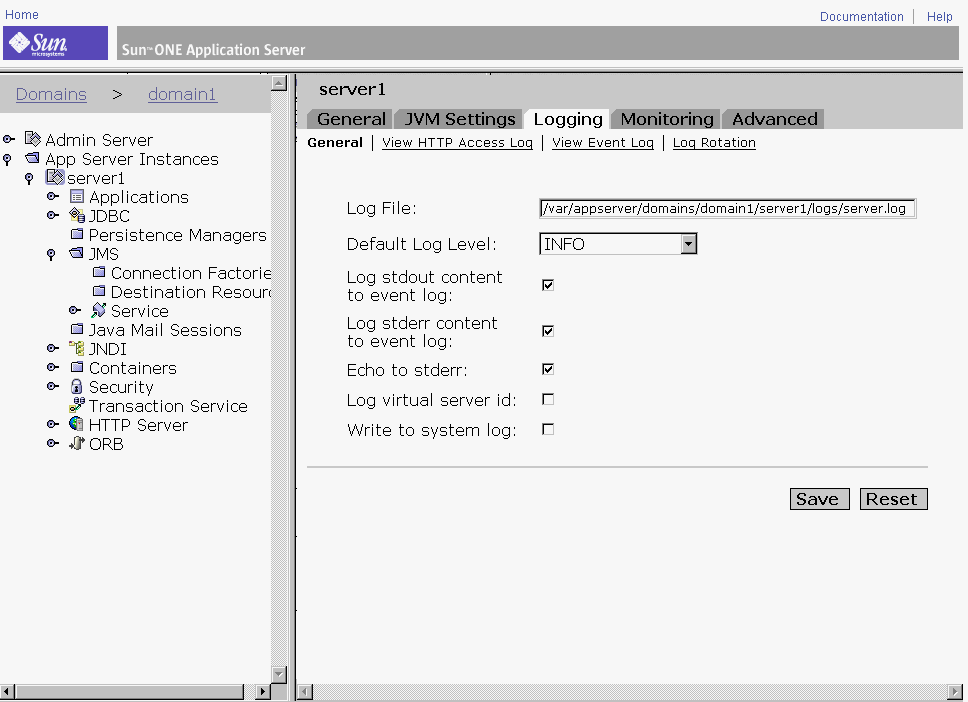 figure shows logging service options for the administrative