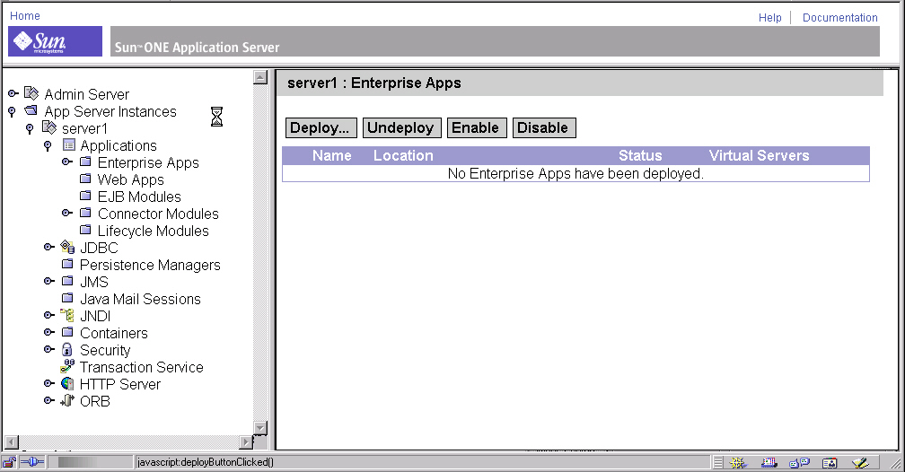 Figure shows Sun ONE Application Server Admin Server, Enterprise Apps Display
