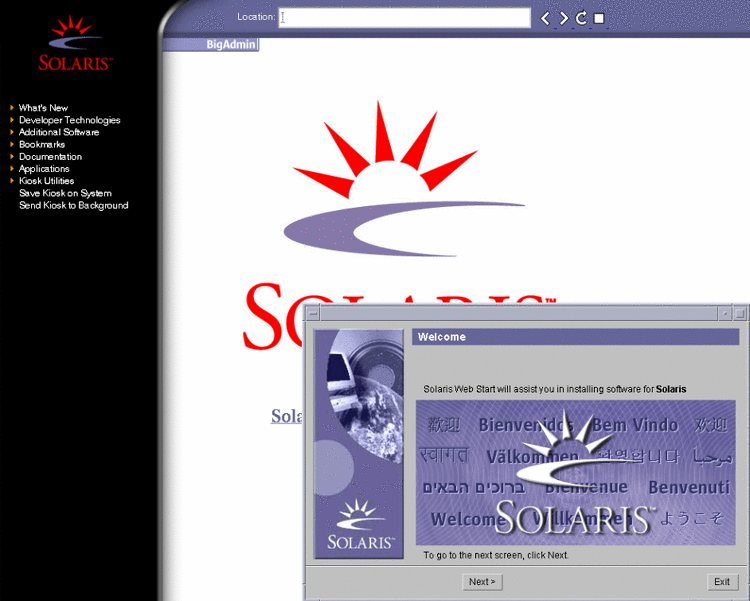 This screen capture shows the Next and Exit buttons for the Welcome installation screen. Also, an Internet browser screen lists links to information.