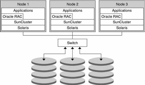 The diagram titled Sample Cluster Configuration shows
the association between the software and the shared storage in a typical cluster
configuration.