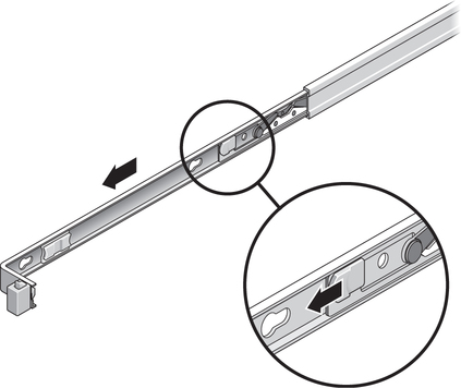 Figure showing the plastic slide rail lock located in the middle of the mounting bracket