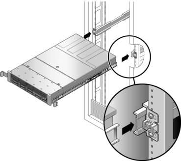 Figure showing the mounting rails on the server fitting into the slide rails in the rack.