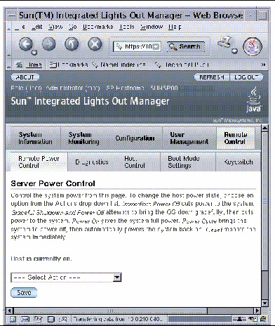 Figure shows the Remote Control and Remote Server Control tabs selected in an ILOM window.