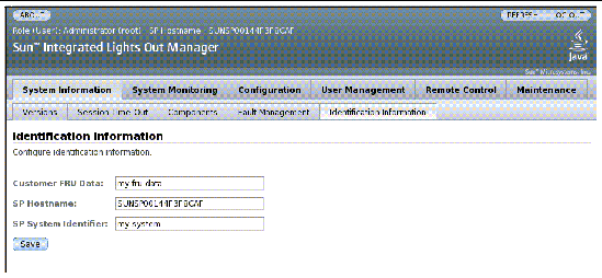 Screen shot of the ILOM web interface, showing the Identification Information fields.