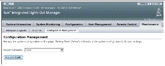 Screen shot of the ILOM web interface, showing the Configuration Management fields.