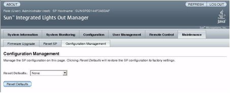 Screen shot of the ILOM web interface, showing the Configuration Management screen.
