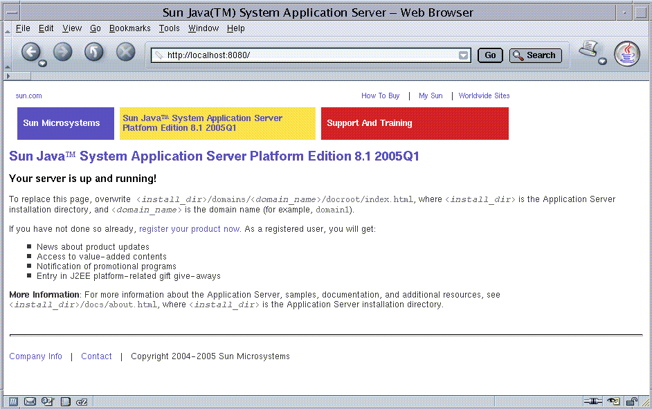 Page verifying that Application Server is up and running. 