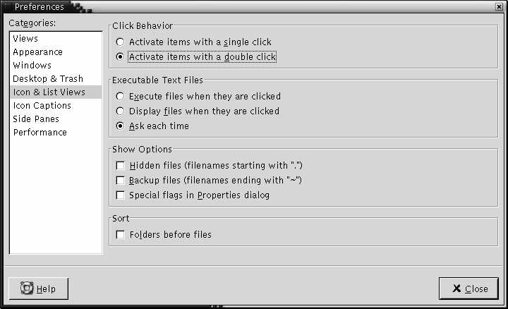 Preferences dialog, Icon and List Views section. The context describes the graphic.