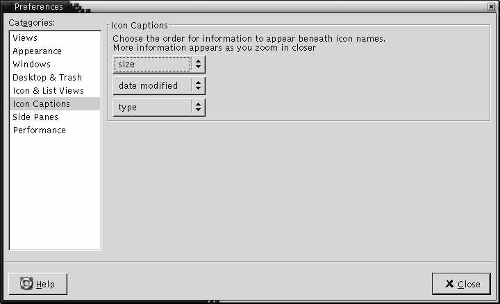 Preferences dialog, Icon Captions section. The context describes the graphic.