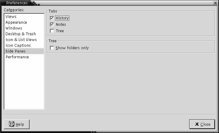 Preferences dialog, Side Panes section. The context describes the graphic.