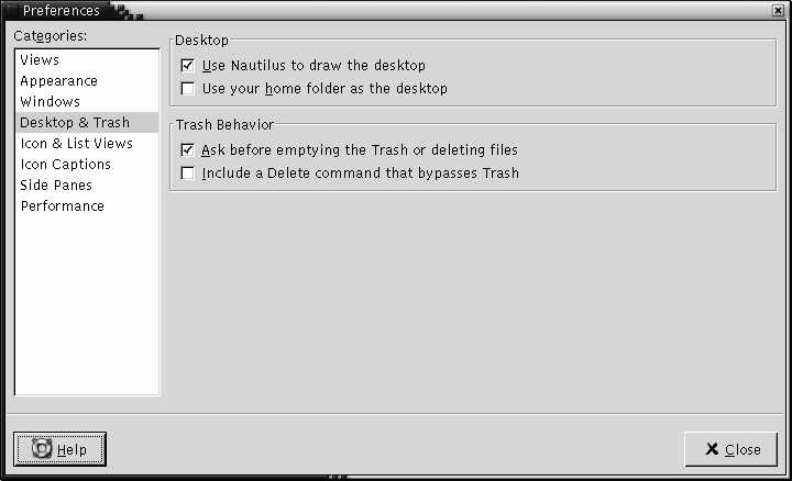 Preferences dialog, Desktop and Trash section. The context describes the graphic.