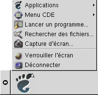 Menu GNOME ouvert. Eléments de menu : Applications, Menu CDE, Lancer un programme, Rechercher des fichiers, Capture d'écran, Verrouiller l'écran, Déconnecter.