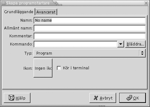 Dialogfönstret Skapa programstartare, flikavsnittet Grundläggande. Bilden beskrivs av den omgivande texten.
