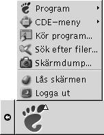 Öppen GNOME-meny. Menyalternativen Program, CDE-meny, Kör program, Sök efter filer, Skärmdump, Lås skärm, Logga ut.
