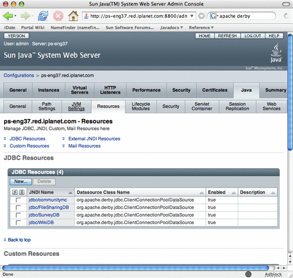 This figure depicts the Resources tab in the Sun Java
System Web Server console.
